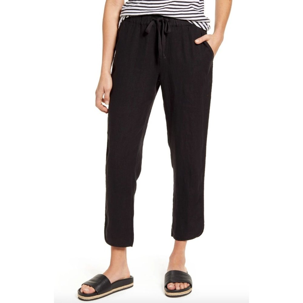 New Caslon Track Style Elastic Tie Waist Linen Pants in Black - Sz M